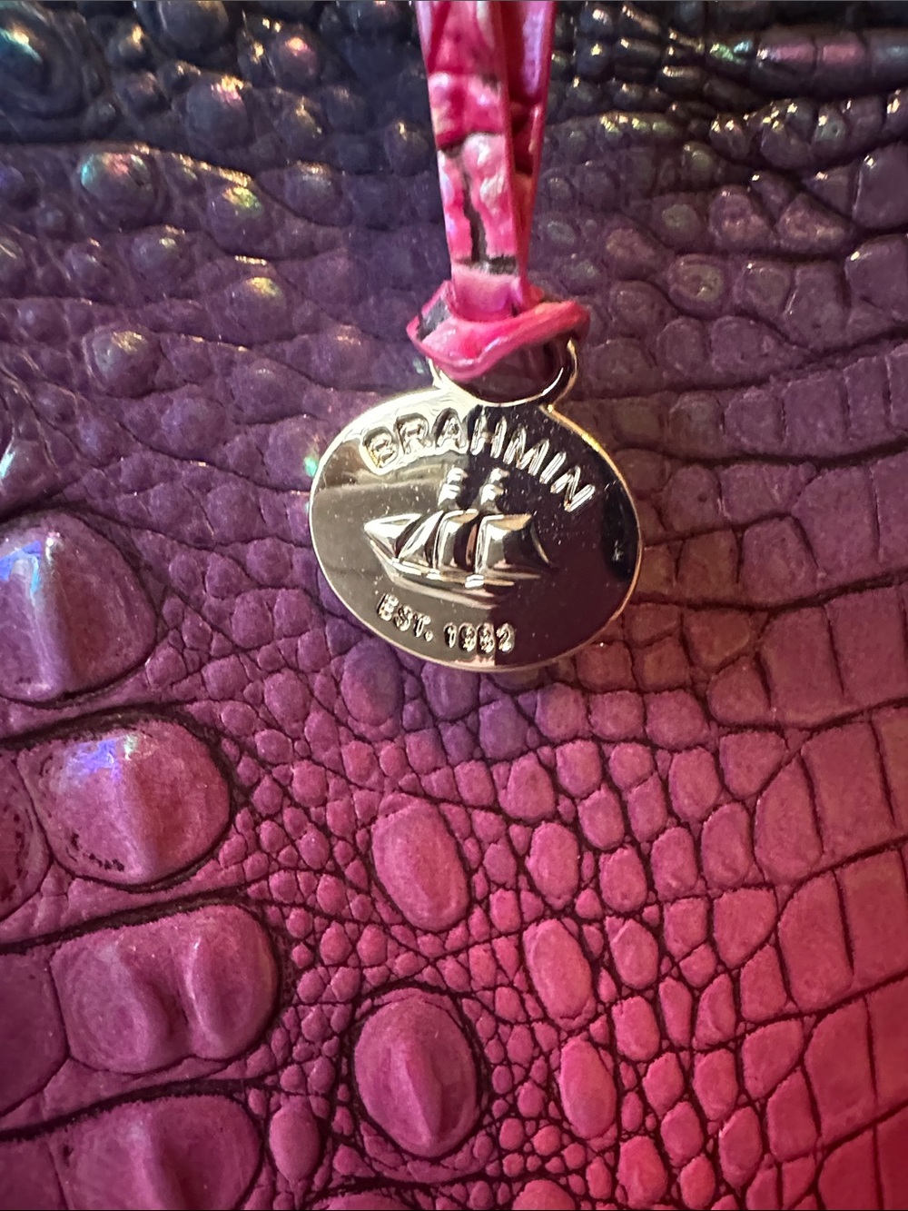 Brahmin Pink Teal Ombre Croc-Embossed Satchel - Picture 2 of 9
